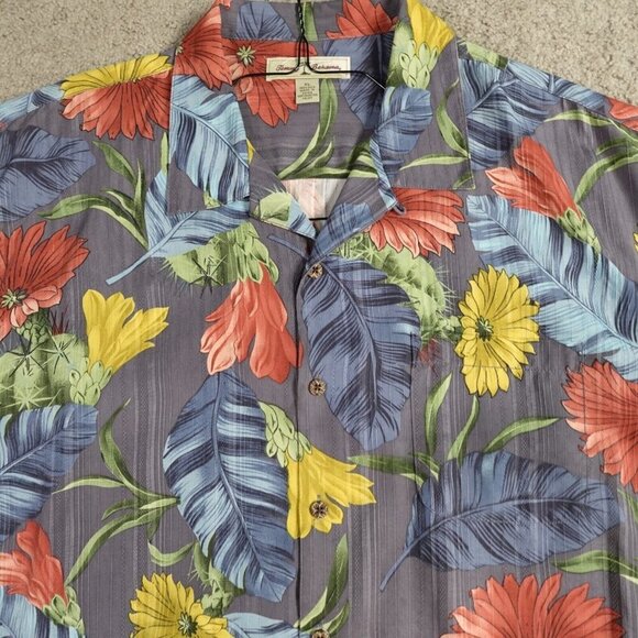 Tommy Bahama Mens Shirt XL Gray Floral Print Jacquard Silk Loop Collar - Picture 1 of 8